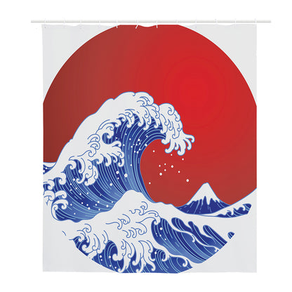 Red Sun Japanese Wave Print Polyester Shower Curtain