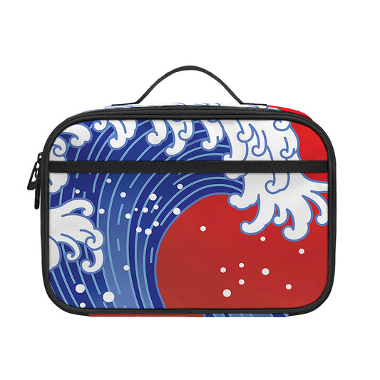 Red Sun Japanese Wave Print Portable Lunch Bag
