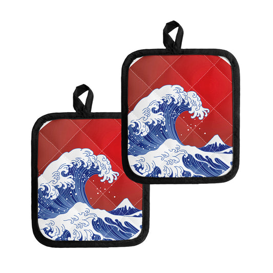 Red Sun Japanese Wave Print Pot Holders