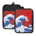 Red Sun Japanese Wave Print Pot Holders With Pocket