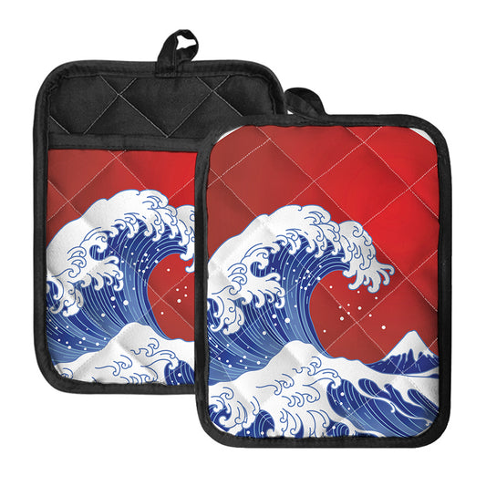 Red Sun Japanese Wave Print Pot Holders With Pocket
