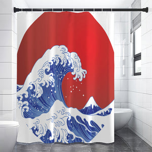 Red Sun Japanese Wave Print Premium Shower Curtain