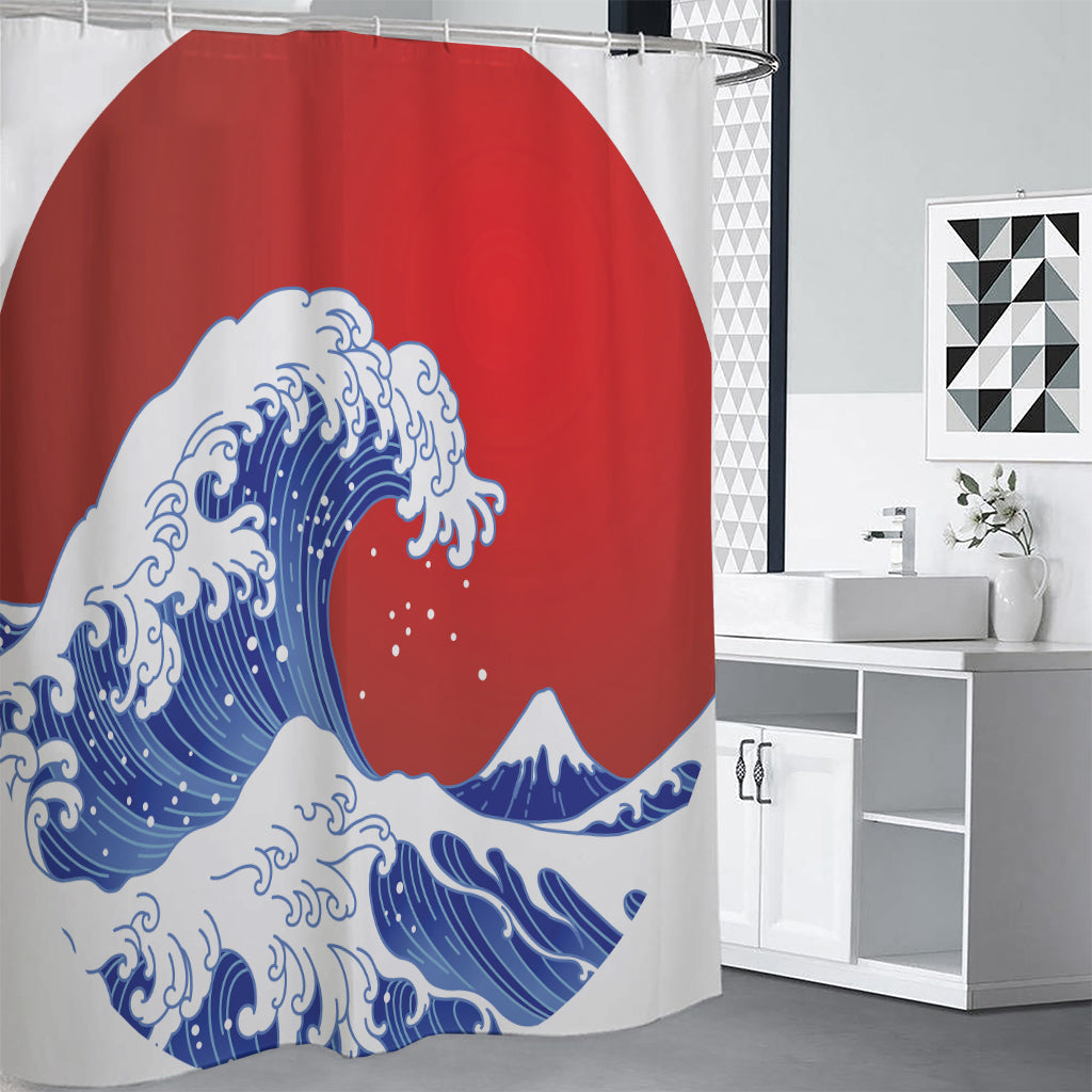 Red Sun Japanese Wave Print Premium Shower Curtain