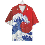 Red Sun Japanese Wave Print Rayon Hawaiian Shirt