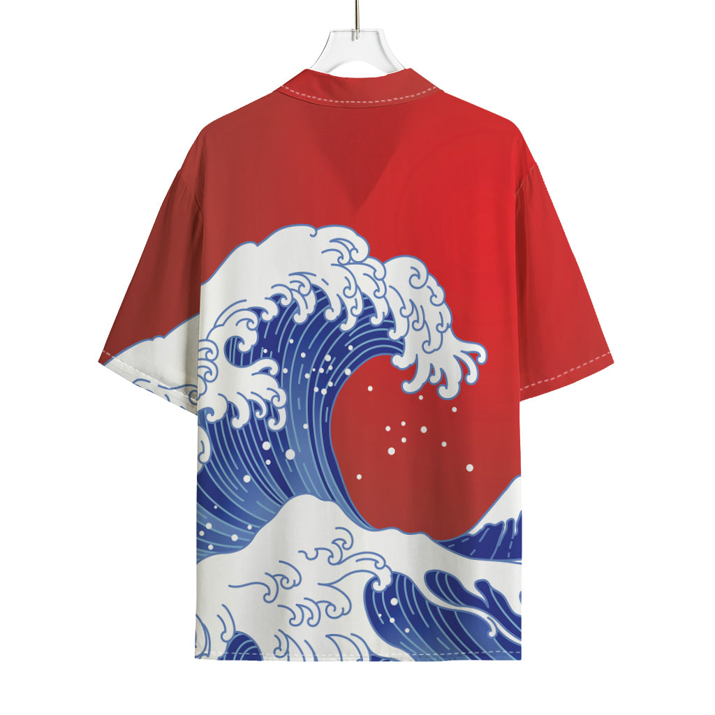 Red Sun Japanese Wave Print Rayon Hawaiian Shirt