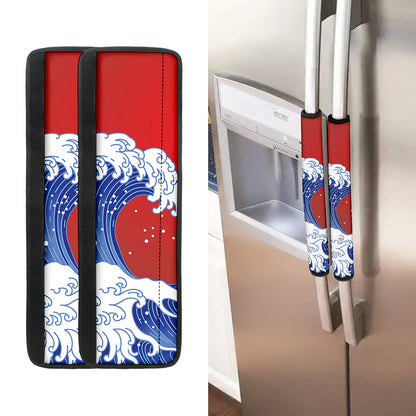 Red Sun Japanese Wave Print Refrigerator Handle Covers