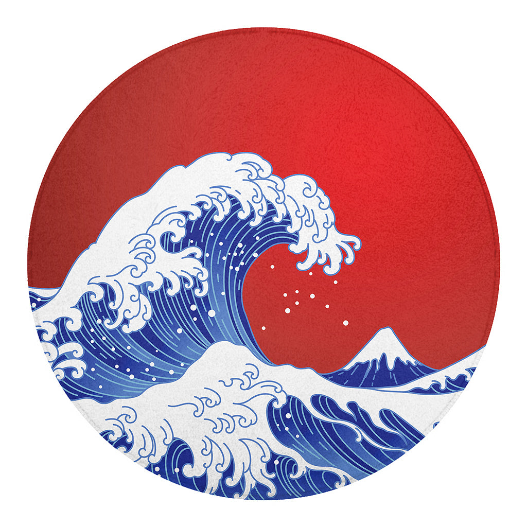 Red Sun Japanese Wave Print Round Blanket