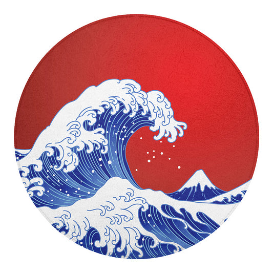 Red Sun Japanese Wave Print Round Blanket
