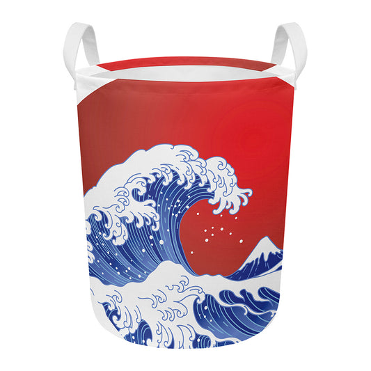 Red Sun Japanese Wave Print Round Laundry Basket
