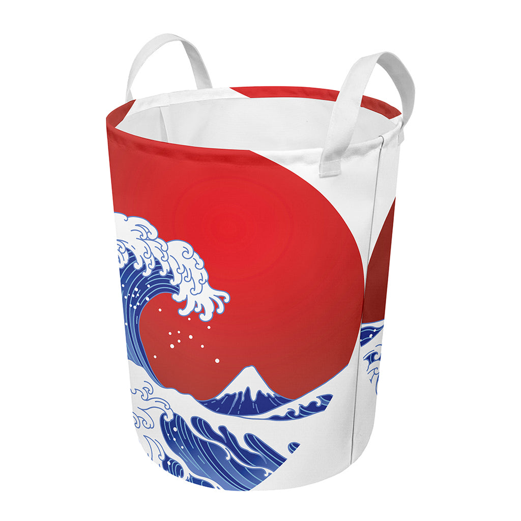 Red Sun Japanese Wave Print Round Laundry Basket
