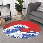 Red Sun Japanese Wave Print Round Rug