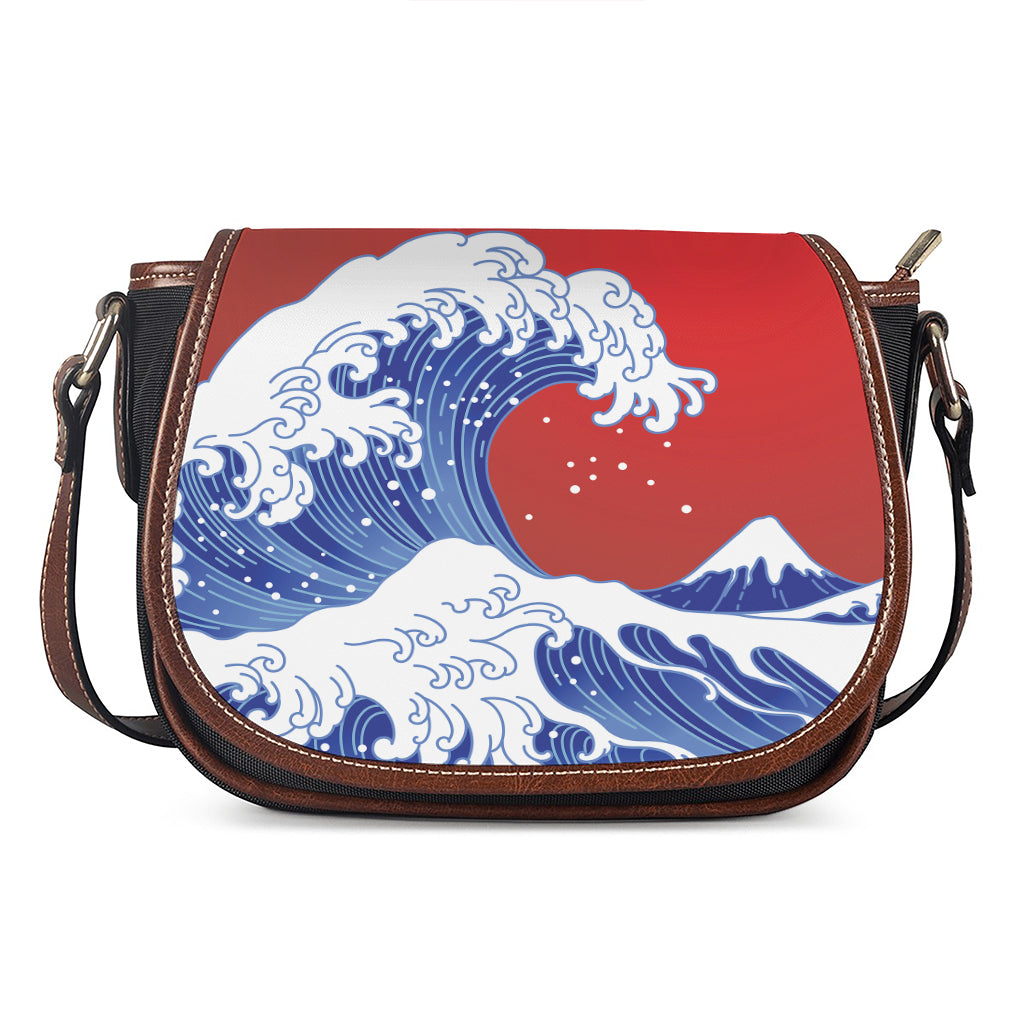 Red Sun Japanese Wave Print Saddle Bag