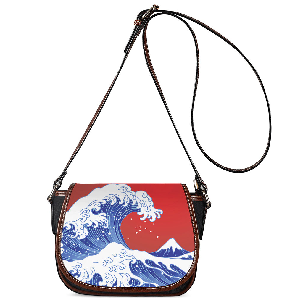 Red Sun Japanese Wave Print Saddle Bag