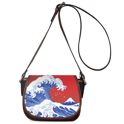 Red Sun Japanese Wave Print Saddle Bag