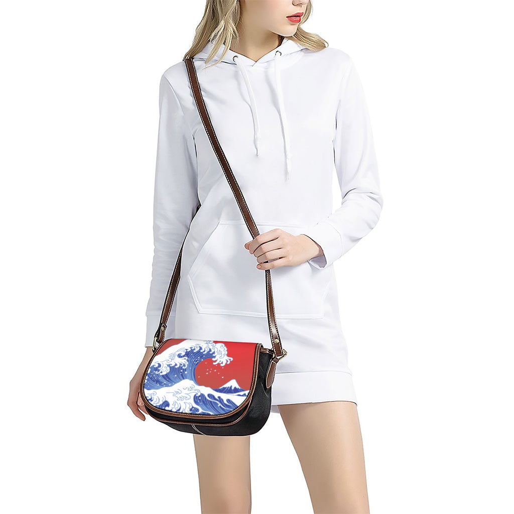 Red Sun Japanese Wave Print Saddle Bag