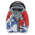 Red Sun Japanese Wave Print Sherpa Lined Zip Up Hoodie