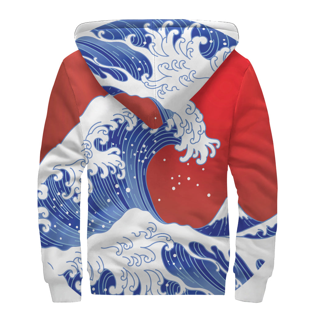 Red Sun Japanese Wave Print Sherpa Lined Zip Up Hoodie