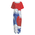 Red Sun Japanese Wave Print Short Sleeve Long Nightdress