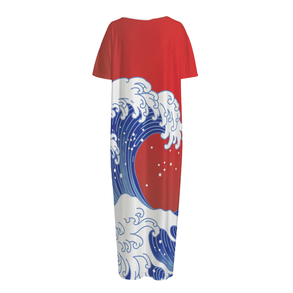 Red Sun Japanese Wave Print Short Sleeve Long Nightdress
