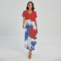 Red Sun Japanese Wave Print Short Sleeve Maxi Dress