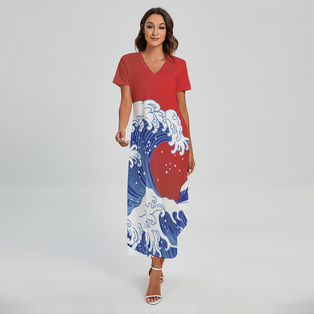 Red Sun Japanese Wave Print Short Sleeve Maxi Dress
