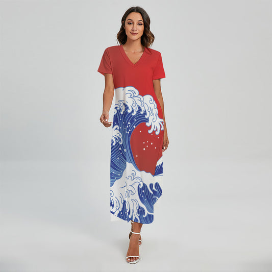 Red Sun Japanese Wave Print Short Sleeve Maxi Dress