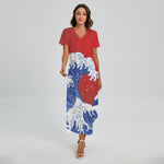 Red Sun Japanese Wave Print Short Sleeve Maxi Dress