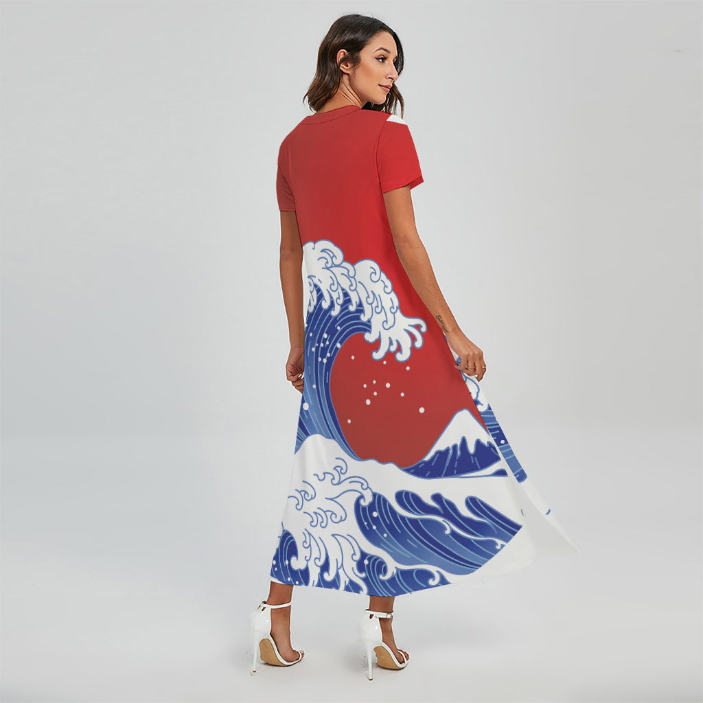 Red Sun Japanese Wave Print Short Sleeve Maxi Dress