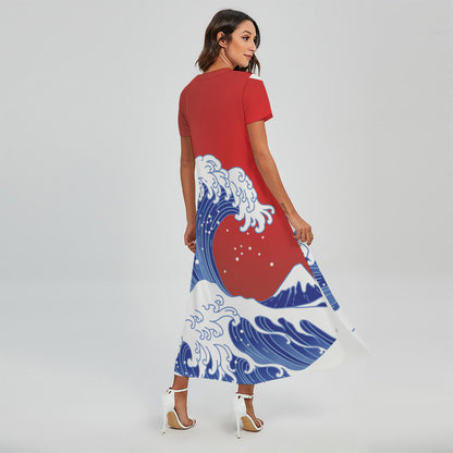 Red Sun Japanese Wave Print Short Sleeve Maxi Dress