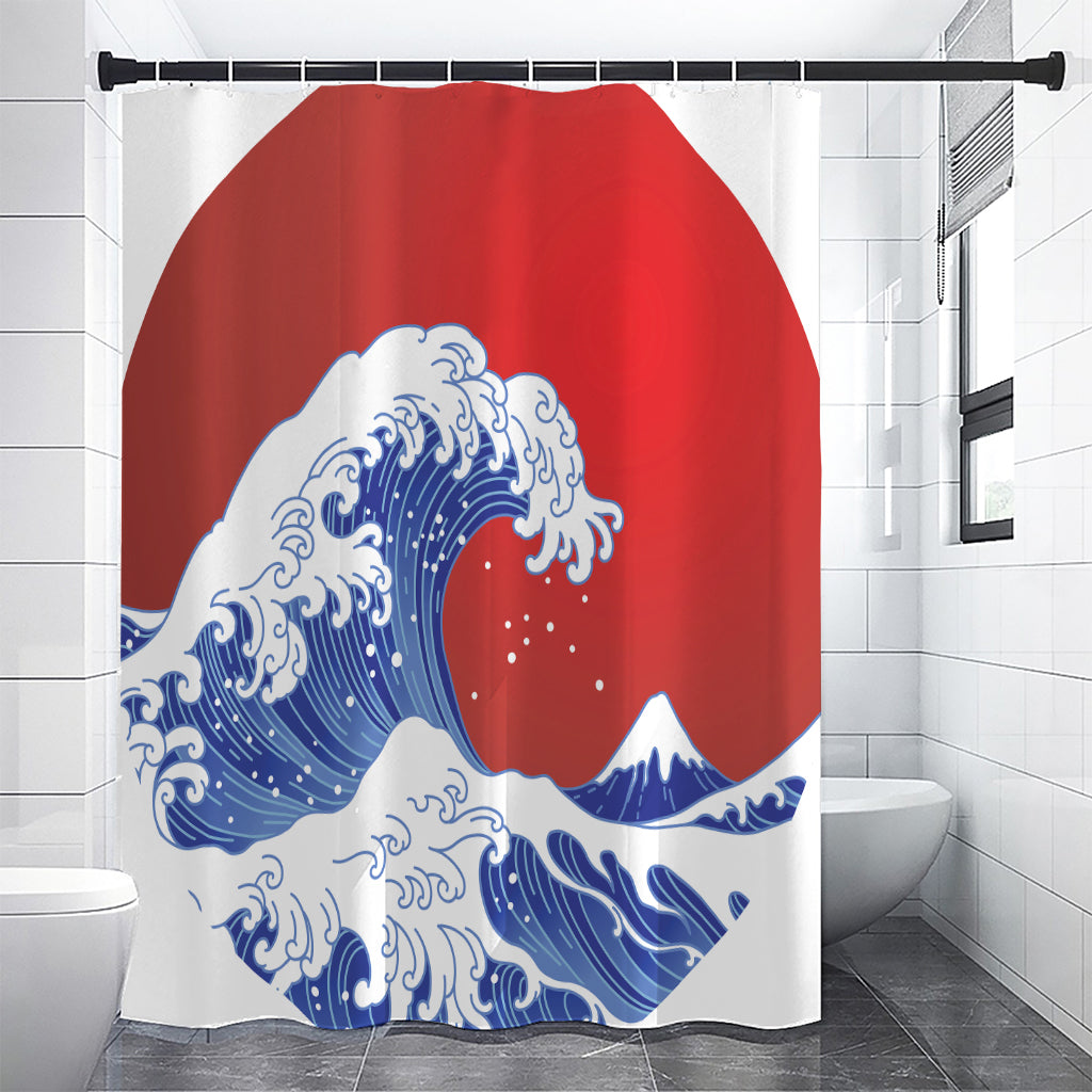 Red Sun Japanese Wave Print Shower Curtain