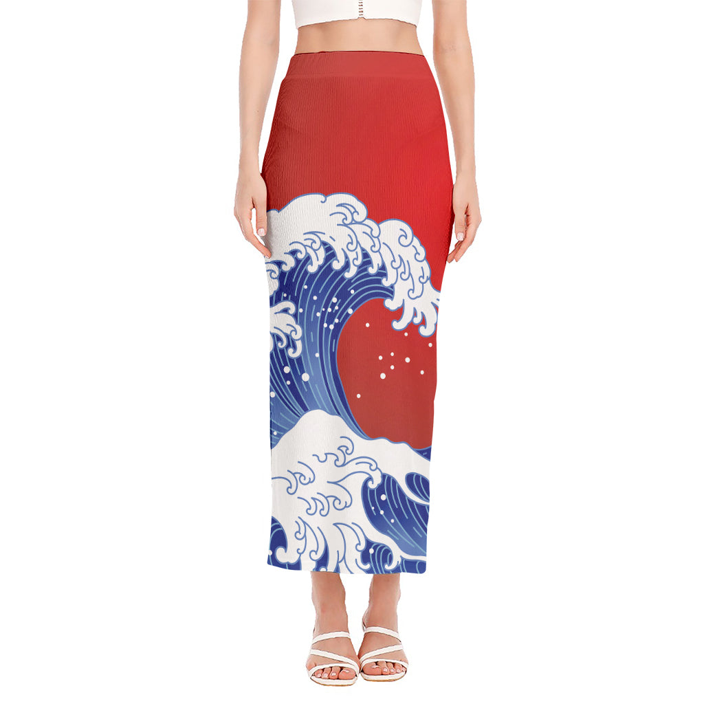 Red Sun Japanese Wave Print Side Slit Maxi Skirt