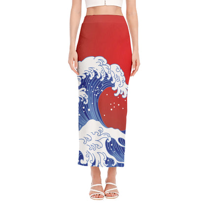 Red Sun Japanese Wave Print Side Slit Maxi Skirt