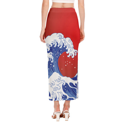 Red Sun Japanese Wave Print Side Slit Maxi Skirt