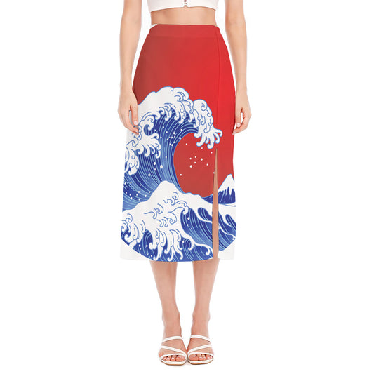 Red Sun Japanese Wave Print Side Slit Midi Skirt