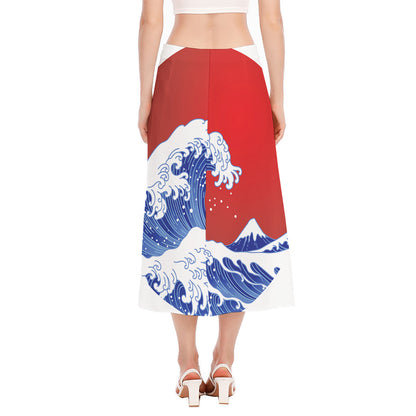 Red Sun Japanese Wave Print Side Slit Midi Skirt