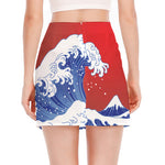 Red Sun Japanese Wave Print Side Slit Mini Skirt