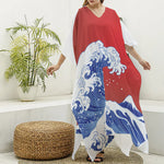 Red Sun Japanese Wave Print Silk V-Neck Kaftan Dress