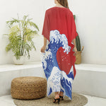 Red Sun Japanese Wave Print Silk V-Neck Kaftan Dress