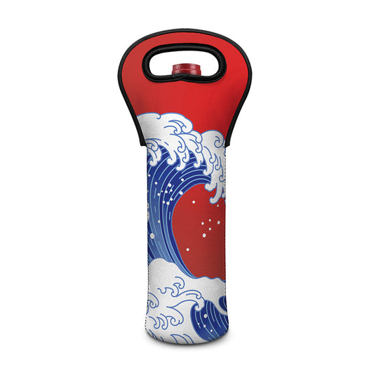 Red Sun Japanese Wave Print Single Neoprene Wine Tote