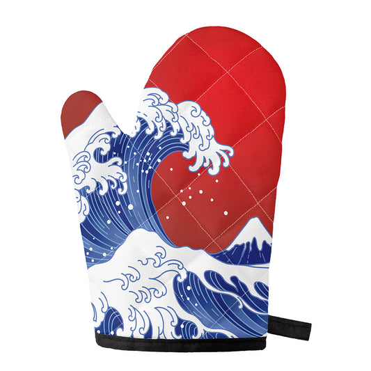 Red Sun Japanese Wave Print Single Oven Mitt