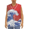 Red Sun Japanese Wave Print Sleeveless Baseball Jersey