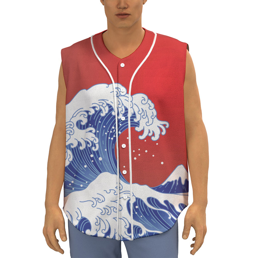 Red Sun Japanese Wave Print Sleeveless Baseball Jersey