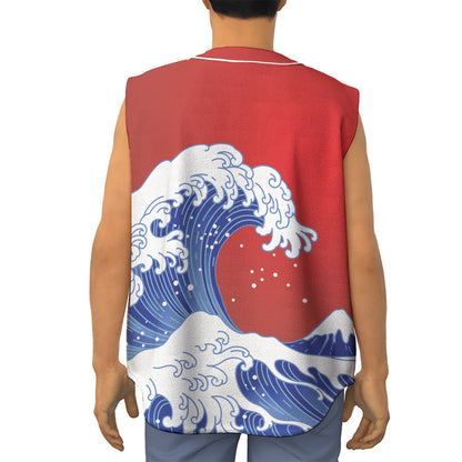 Red Sun Japanese Wave Print Sleeveless Baseball Jersey