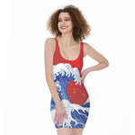 Red Sun Japanese Wave Print Sleeveless Bodycon Dress