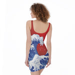Red Sun Japanese Wave Print Sleeveless Bodycon Dress