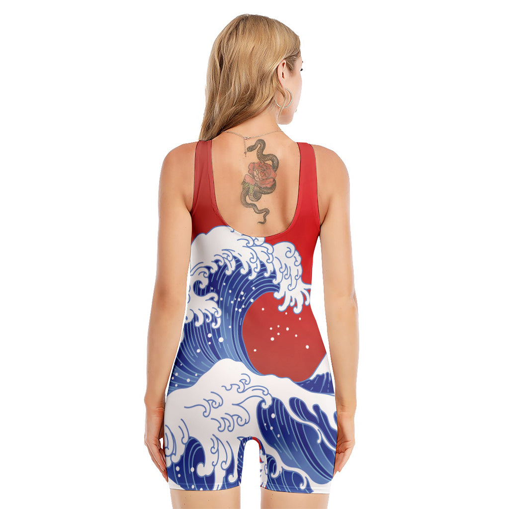 Red Sun Japanese Wave Print Sleeveless One Piece Swimsuit