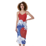 Red Sun Japanese Wave Print Slim Fit Midi Cami Dress