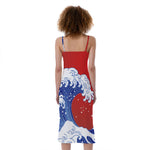 Red Sun Japanese Wave Print Slim Fit Midi Cami Dress