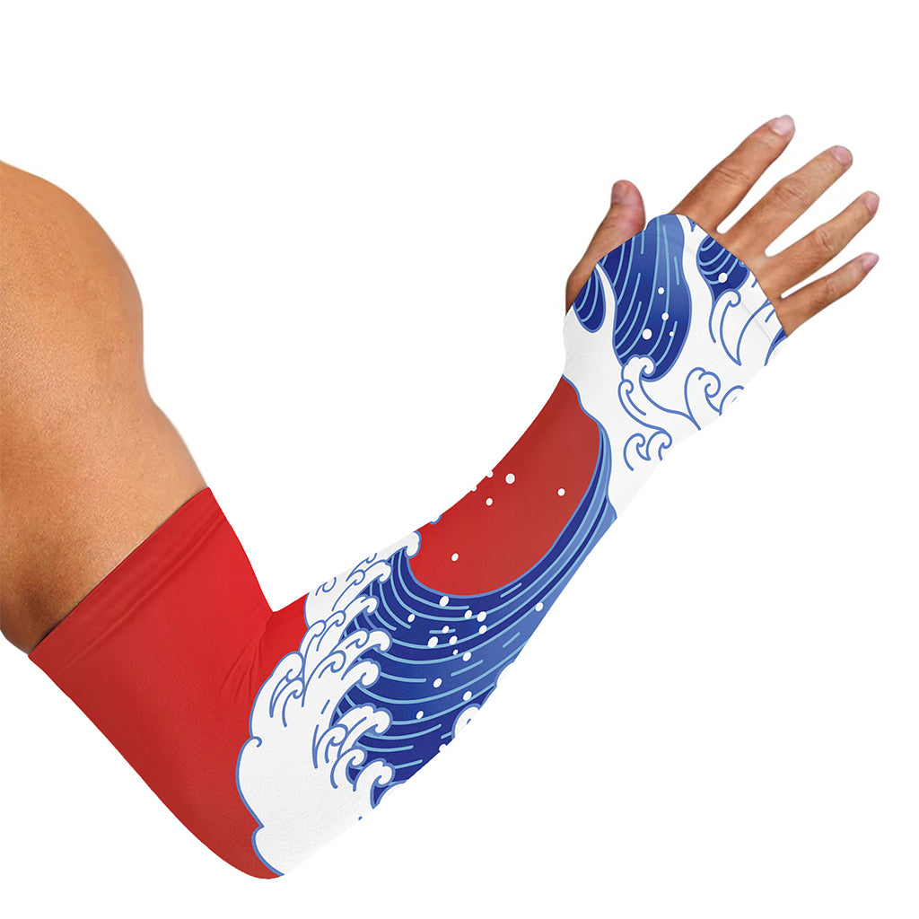 Red Sun Japanese Wave Print Sun Protection Arm Sleeves