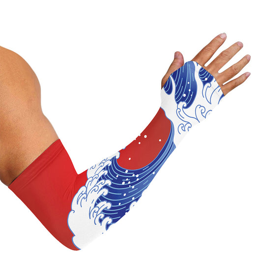 Red Sun Japanese Wave Print Sun Protection Arm Sleeves